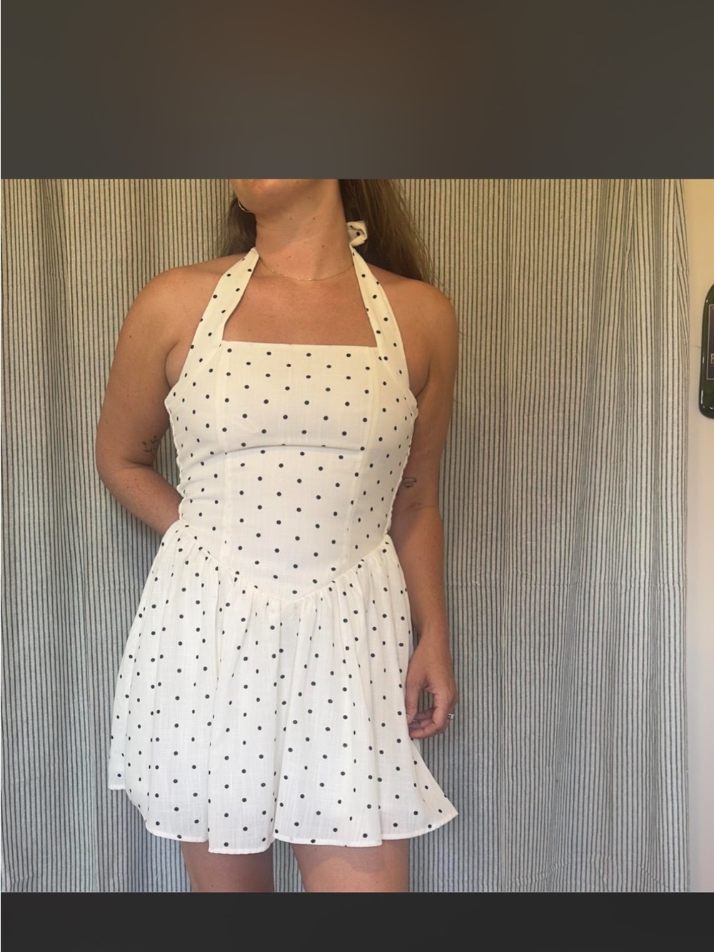 White & black polka dot adjustable halter neck mini dress - Picture 4 of 4